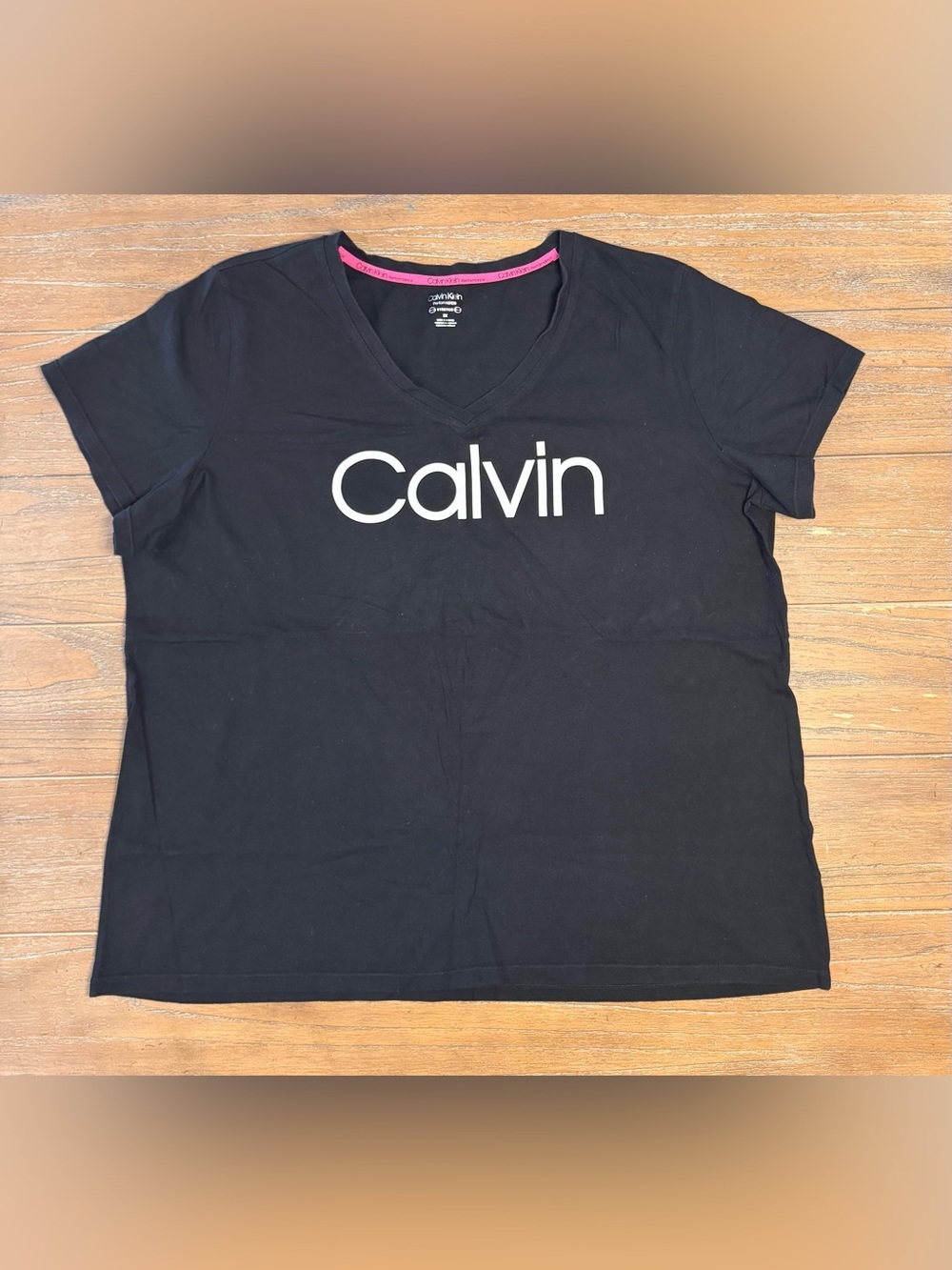Calvin Klein Black Tee with White Logo and Pink Neck Trim #57